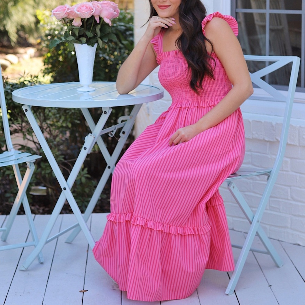 Kimberly Smocked Midi Dress in Pink Stripe New